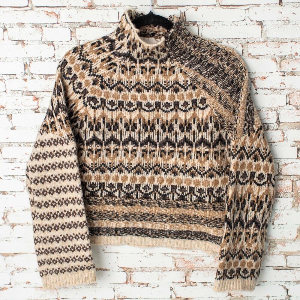 Industry Republic Clothing Women's S/P Wool Blend Mock Neck Brown Print Sweater